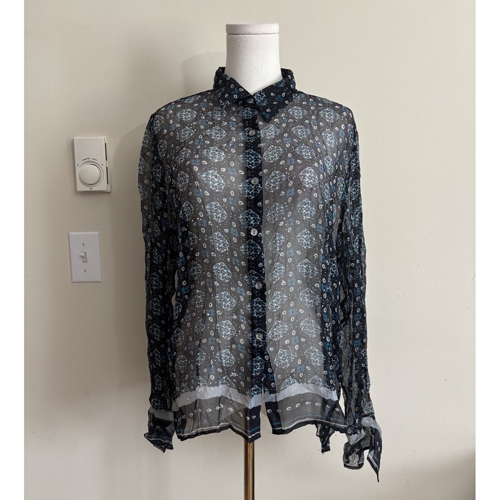 Vintage 100% Silk Sheer Blouse Button Up Bice Womens 14 XL Blue Y2K 90s